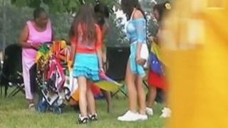 Sexy booty shorts video of a busty chick enjoying a festival