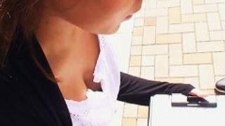 Free down blouse video of a hot Asian babe with perky tits