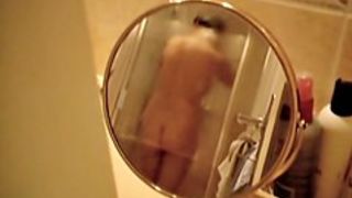 Girl in shower spied naked in the small mirror