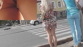Stylish and kewl golden-haired upskirt footage