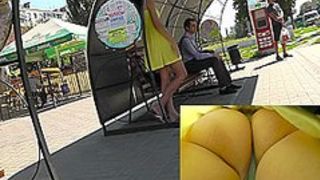 Pretty yellow dress and sexy upskirt thong panties