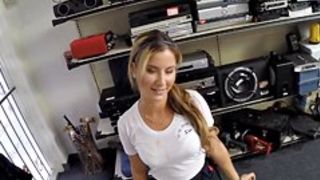 Pretty waitress pussy nailed by pawn man in the backroom