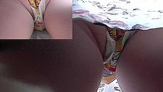 Funny panties and panty pad in the upskirt video