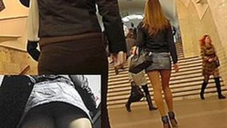 Upskirts in public with sexy girl in short jean skirt