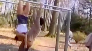 Upside down blowjob outdoors from an athletic girl