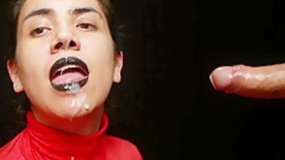 CFNM - Red turtleneck, Black lips - Handjob + Cum mouthful + Cum on clothes