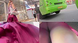 Amateur chick shows off g-string in candid upskirts