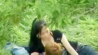 Chinese Girl Sucking Boyfriend in Park