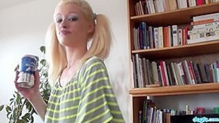 Blonde emo slut with pigtails strips in living room