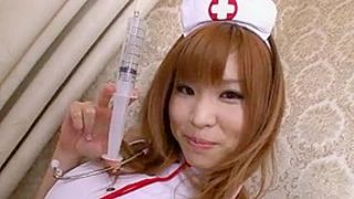 Naughty pink nurse gets a good seeing to with a vibrator and hard cock