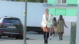 Independent Woman. Jeny Smith in pantyhose without panties in public