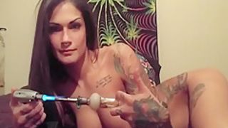 Chick With Tatoos Smokes Bong,dabs & Masturbate