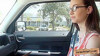 Nerdy brunette teen girl Tali Dava fucked in the backseat