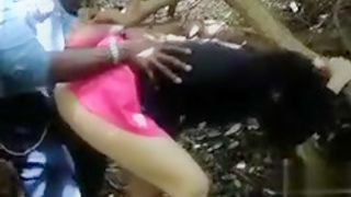 Bent over girlfriend fucked by black cock in the woods