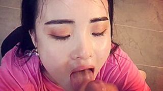 asian slut sucks cock and give a beautiful tongue job pov