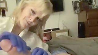 1st TIME MOM JERKS SON OFF W/ LATEX GLOVES & OIL BLOW JOB SWALLOW