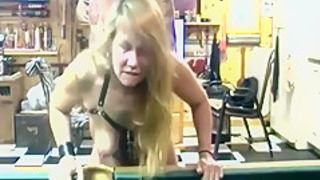 Mature Daizy Layne gets from behind Fucked wearing Gas Mask on Pool Table
