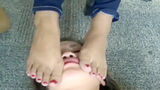 Asian Slave Under Table Smell Feet