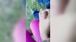 Cute middle school girl doing blowjob handjob her boyfriend dick outdoor