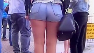 Chubby teen ass in tight jeans shorts