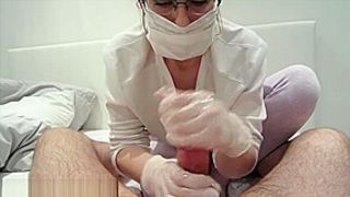 Nurse gives relaxing close up handjob