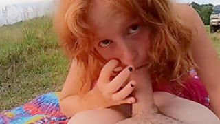Redhead Fucked Outdoor in the Park while Fingering her Ass. Broad Daylight