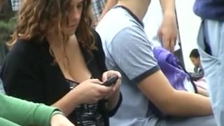 Legal Age Teenager whore public downblouse ASTOUNDING breasts jiggle at end!