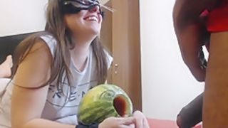 Blowjob and melon fucking. 1 guy 1 girl and a melon.