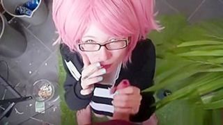 Pink Hair White Hot Girl Smoking Blowjob and Cumshot in Outdoor