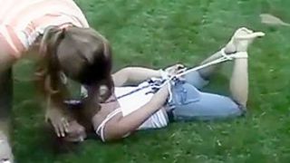 Garden girl hogtied, gagged and tickled