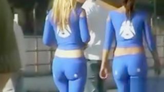 Fantastic race babes in skintight spandex outfits