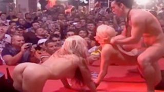 Two blonde bombshells get nailed really hard in front of an audience