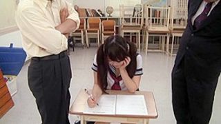 Teen schoolgirl gets fucked by two guys after a test